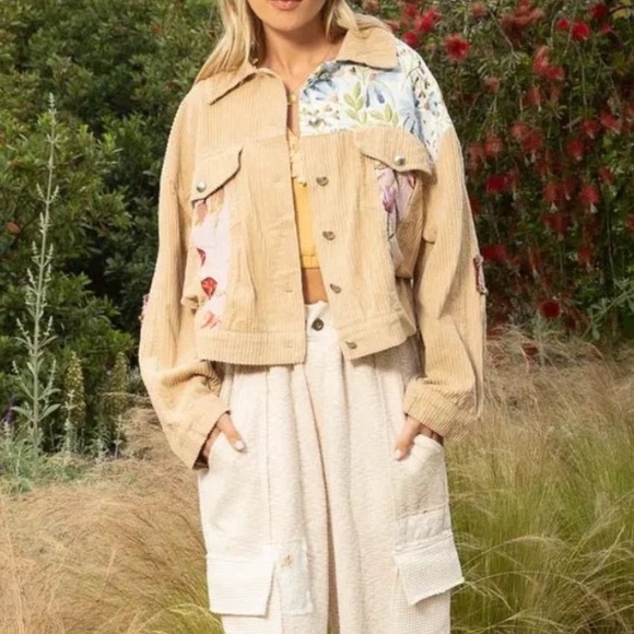 POL Tan Corduroy Oversized Jacket with Floral Accents - Picture 5 of 12